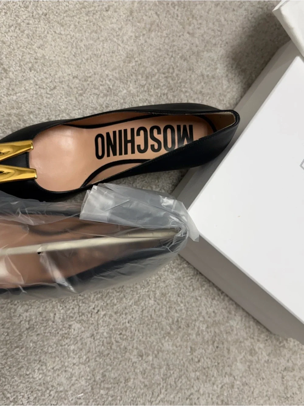Moschino Black Pointed Toe Pumps with Gold M Emblem